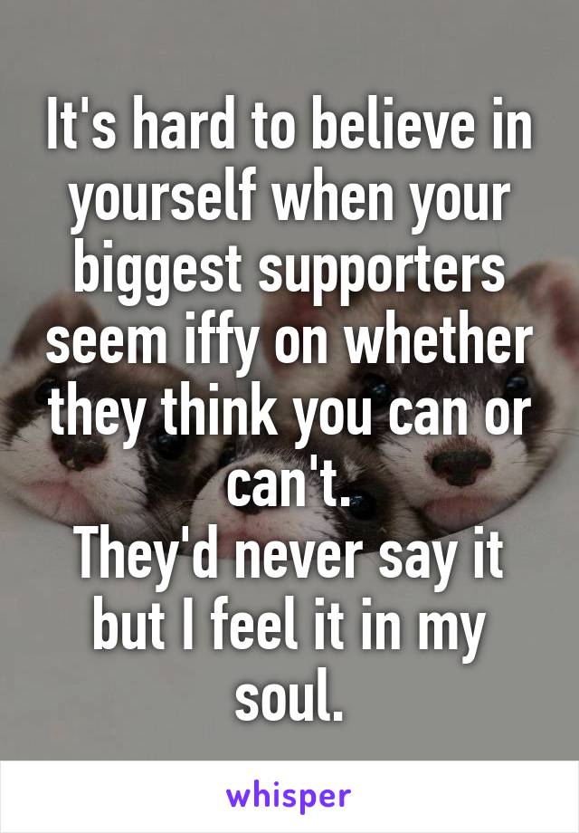 It's hard to believe in yourself when your biggest supporters seem iffy on whether they think you can or can't.
They'd never say it but I feel it in my soul.