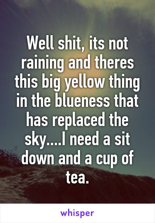 Well shit, its not raining and theres this big yellow thing in the blueness that has replaced the sky....I need a sit down and a cup of tea.