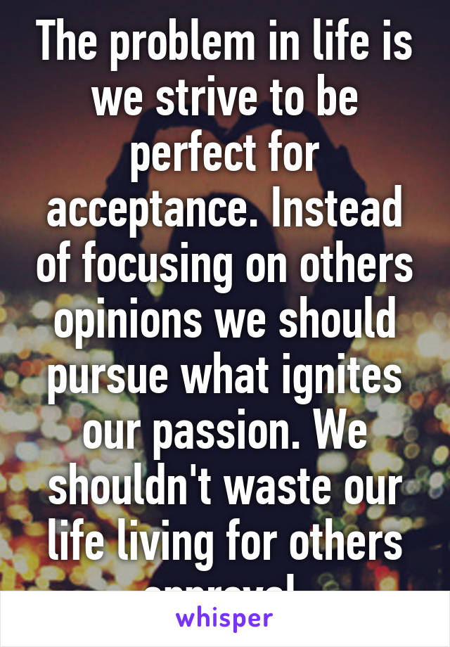 The problem in life is we strive to be perfect for acceptance. Instead of focusing on others opinions we should pursue what ignites our passion. We shouldn't waste our life living for others approval.