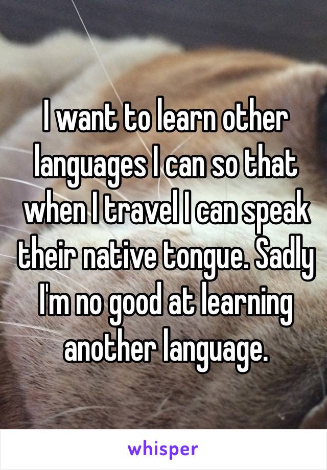 I want to learn other languages I can so that when I travel I can speak their native tongue. Sadly I'm no good at learning another language. 