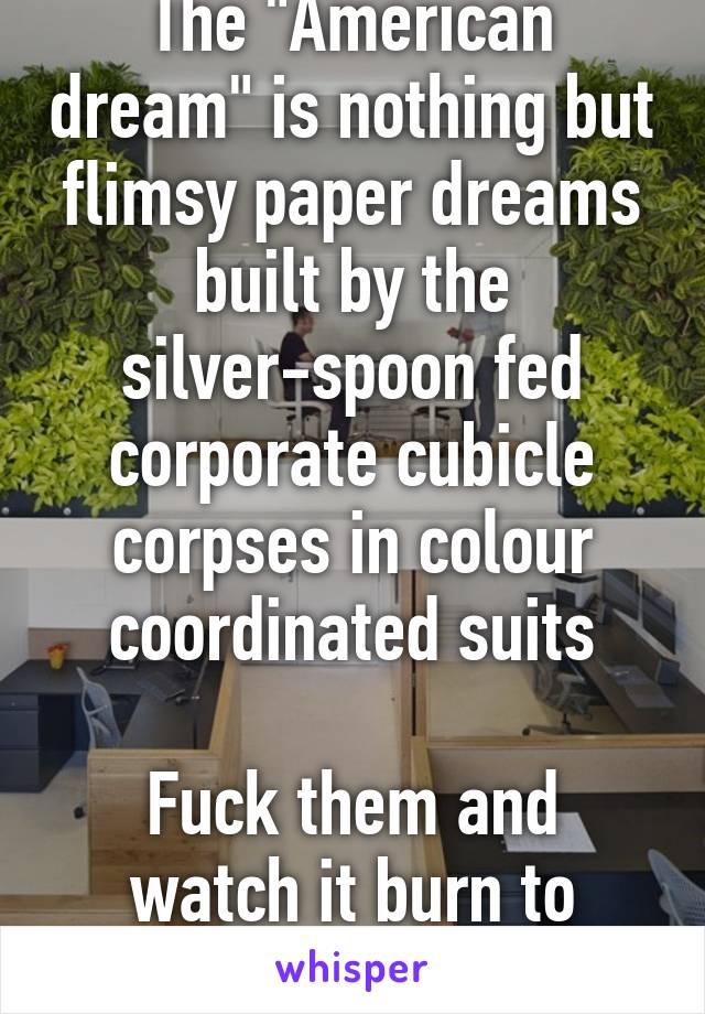 The "American dream" is nothing but flimsy paper dreams built by the silver-spoon fed corporate cubicle corpses in colour coordinated suits

Fuck them and watch it burn to ashes