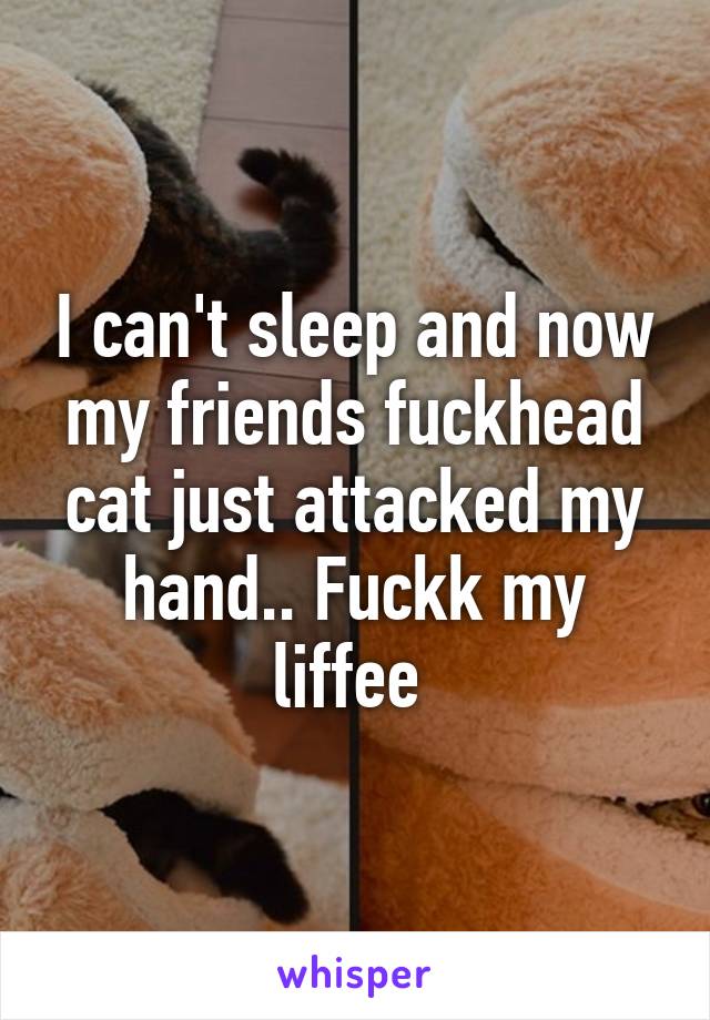 I can't sleep and now my friends fuckhead cat just attacked my hand.. Fuckk my liffee 