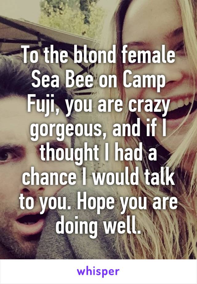 To the blond female Sea Bee on Camp Fuji, you are crazy gorgeous, and if I thought I had a chance I would talk to you. Hope you are doing well.