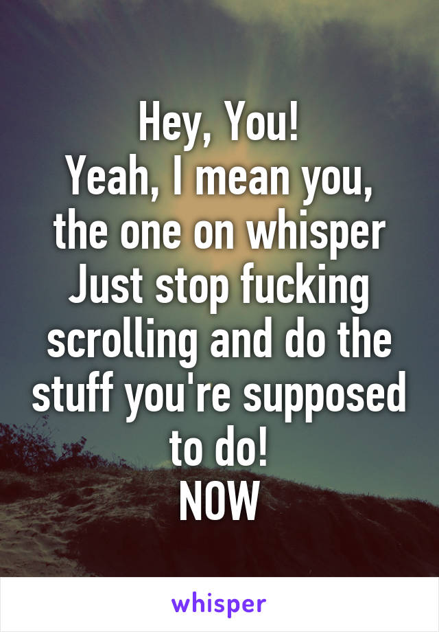 Hey, You!
Yeah, I mean you, the one on whisper
Just stop fucking scrolling and do the stuff you're supposed to do!
NOW