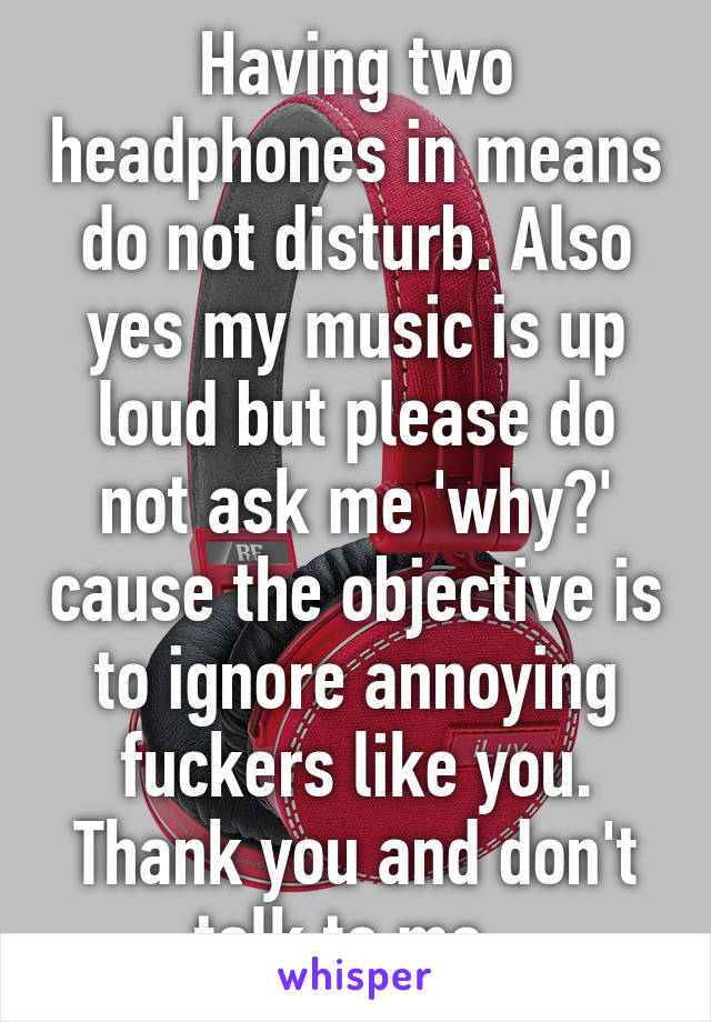 Having two headphones in means do not disturb. Also yes my music is up loud but please do not ask me 'why?' cause the objective is to ignore annoying fuckers like you. Thank you and don't talk to me. 