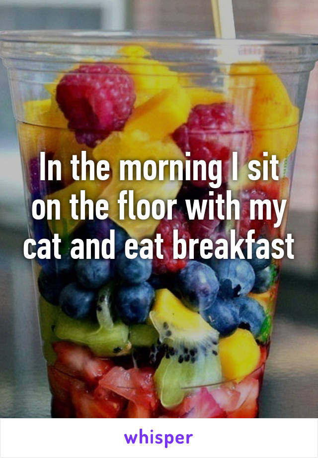 In the morning I sit on the floor with my cat and eat breakfast 