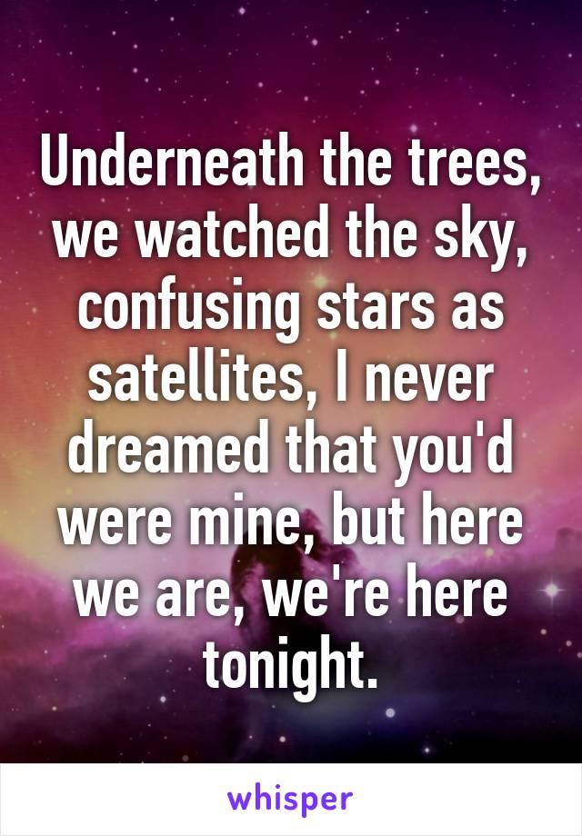 Underneath the trees, we watched the sky, confusing stars as satellites, I never dreamed that you'd were mine, but here we are, we're here tonight.