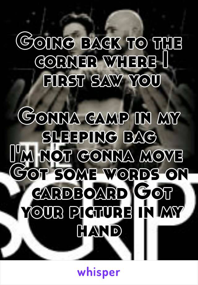 Going back to the corner where I first saw you 
Gonna camp in my sleeping bag 
I'm not gonna move 
Got some words on cardboard Got your picture in my hand 
