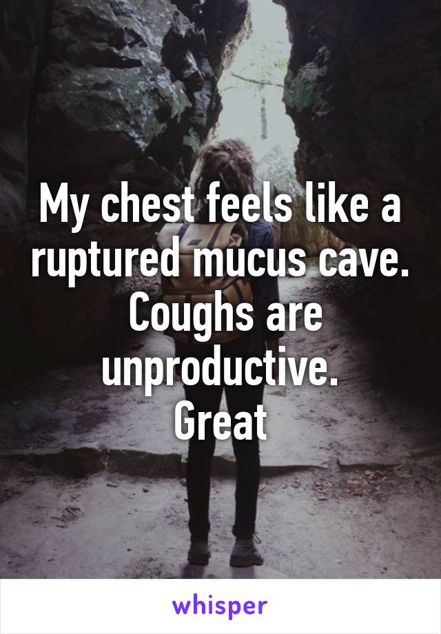 My chest feels like a ruptured mucus cave.  Coughs are unproductive.
Great