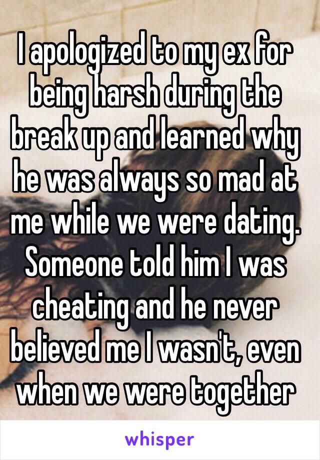 I apologized to my ex for being harsh during the break up and learned why he was always so mad at me while we were dating.
Someone told him I was cheating and he never believed me I wasn't, even when we were together