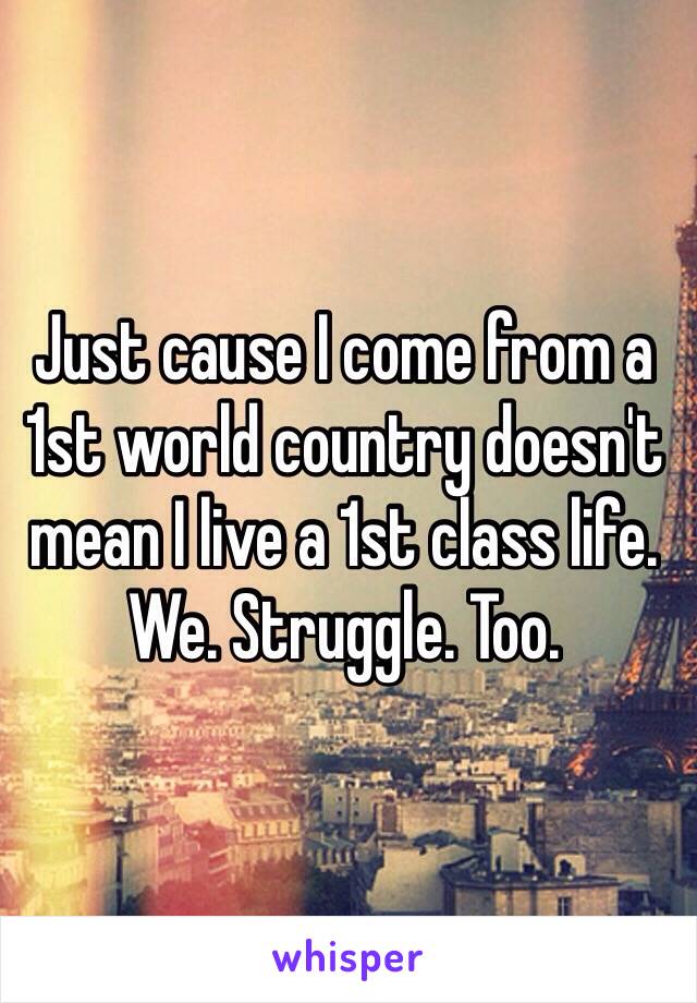 Just cause I come from a 1st world country doesn't mean I live a 1st class life. 
We. Struggle. Too. 