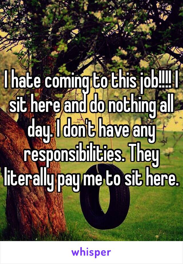 I hate coming to this job!!!! I sit here and do nothing all day. I don't have any responsibilities. They literally pay me to sit here. 