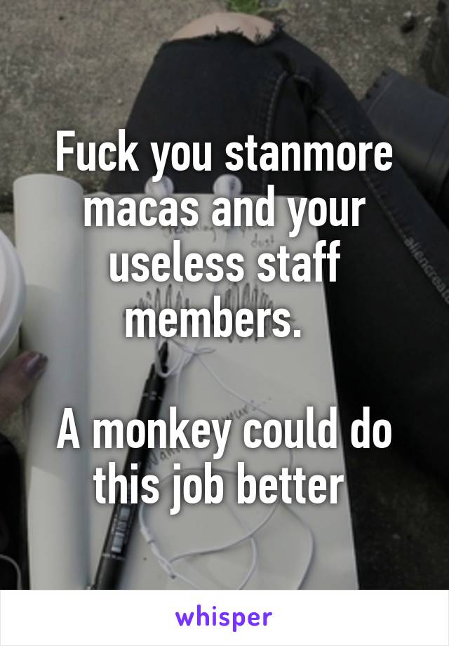 Fuck you stanmore macas and your useless staff members.  

A monkey could do this job better 