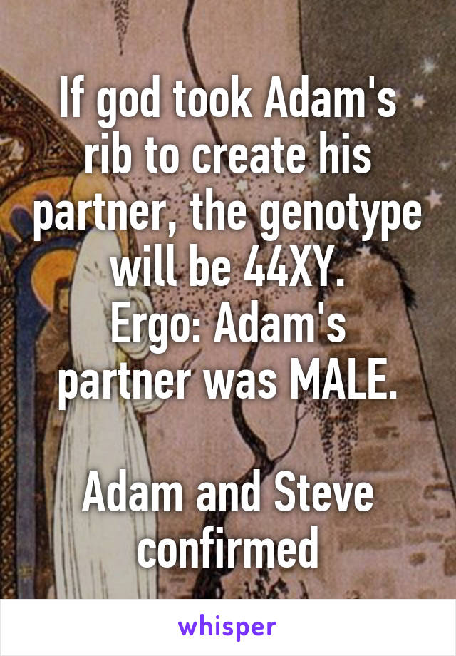 If god took Adam's rib to create his partner, the genotype will be 44XY.
Ergo: Adam's partner was MALE.

Adam and Steve confirmed