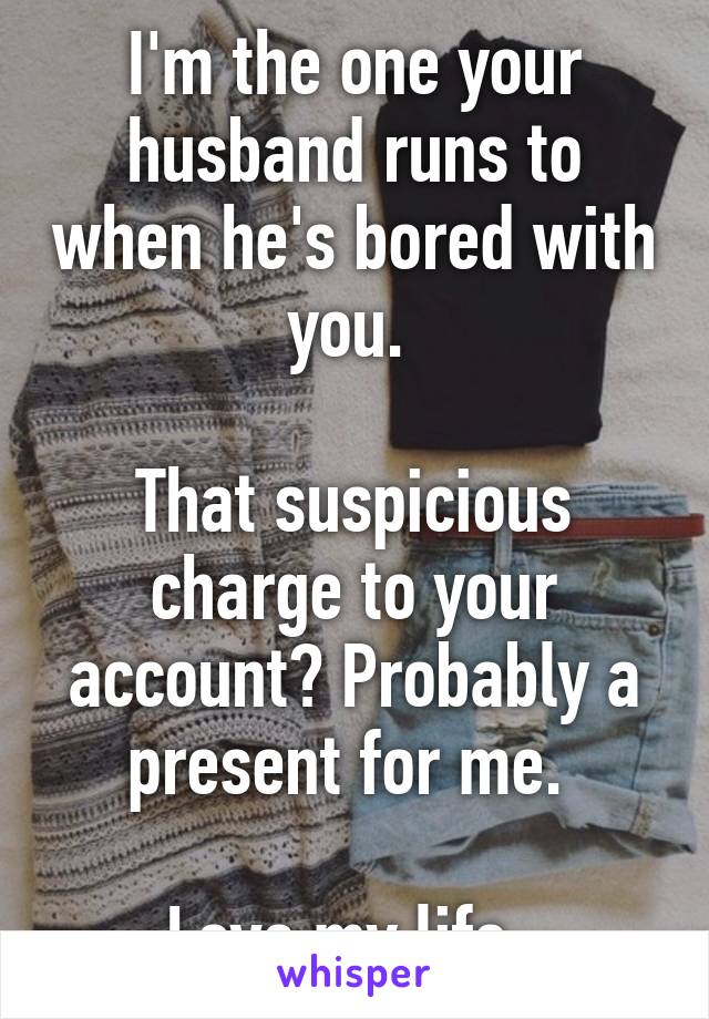 I'm the one your husband runs to when he's bored with you. 

That suspicious charge to your account? Probably a present for me. 

Love my life. 