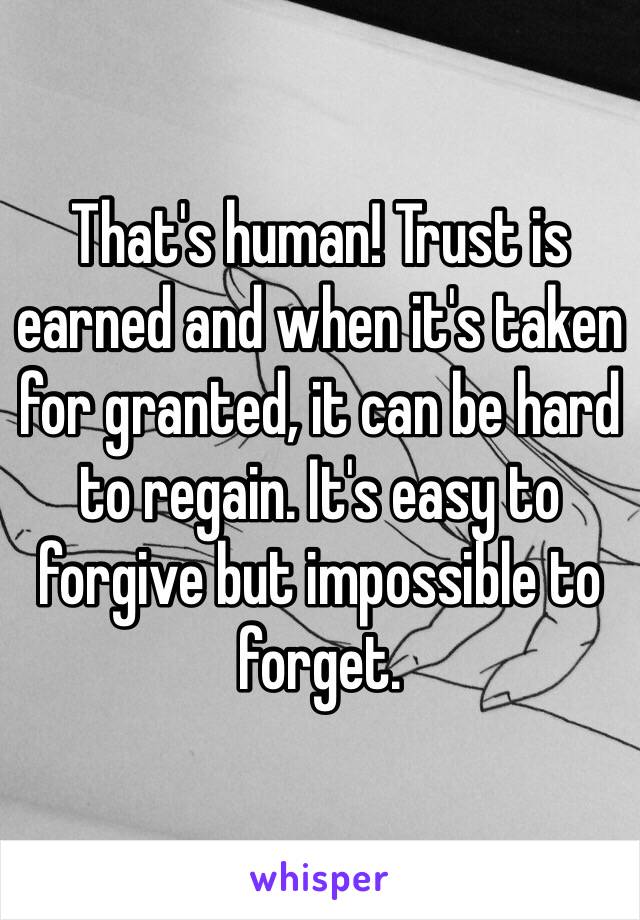 That's human! Trust is earned and when it's taken for granted, it can be hard to regain. It's easy to forgive but impossible to forget.