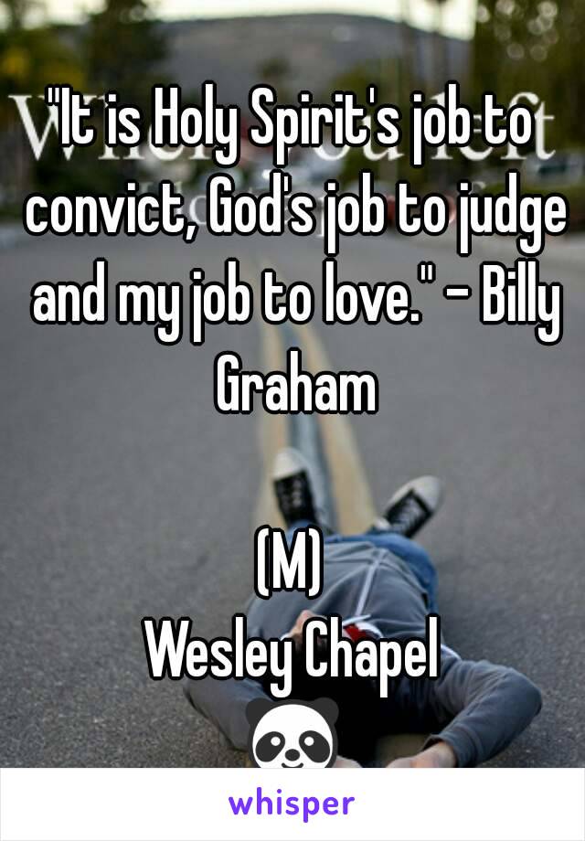 "It is Holy Spirit's job to convict, God's job to judge and my job to love." - Billy Graham

(M)
Wesley Chapel
🐼