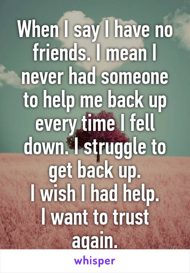 When I say I have no friends. I mean I never had someone to help me back up every time I fell down. I struggle to get back up.
I wish I had help.
I want to trust again.