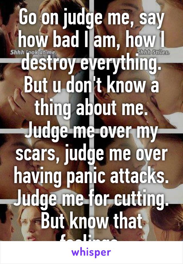 Go on judge me, say how bad I am, how I destroy everything. But u don't know a thing about me. Judge me over my scars, judge me over having panic attacks. Judge me for cutting. But know that feelings 