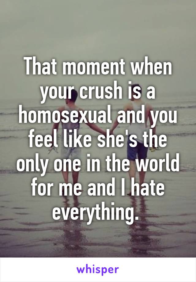 That moment when your crush is a homosexual and you feel like she's the only one in the world for me and I hate everything. 