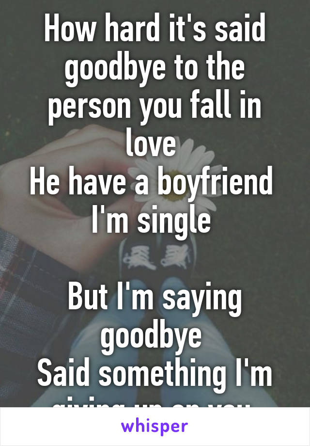 How hard it's said goodbye to the person you fall in love 
He have a boyfriend 
I'm single 

But I'm saying goodbye 
Said something I'm giving up on you 