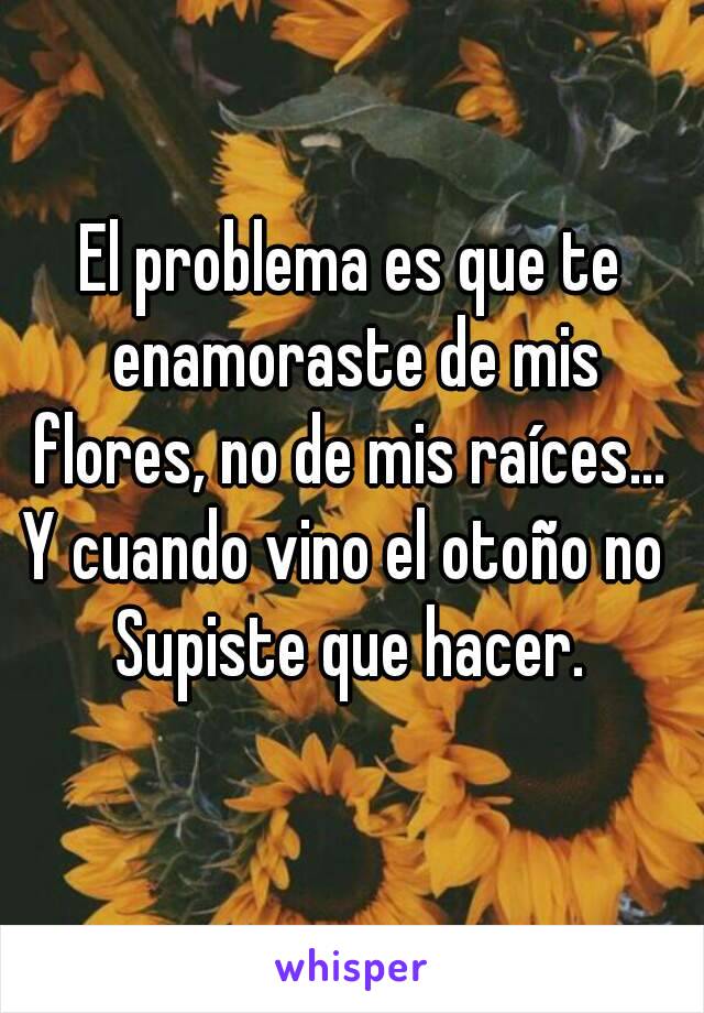 El problema es que te enamoraste de mis flores, no de mis raíces... 
Y cuando vino el otoño no 
Supiste que hacer.