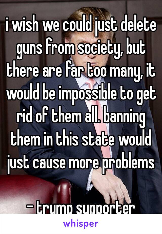 i wish we could just delete guns from society, but there are far too many, it would be impossible to get rid of them all. banning them in this state would just cause more problems

- trump supporter