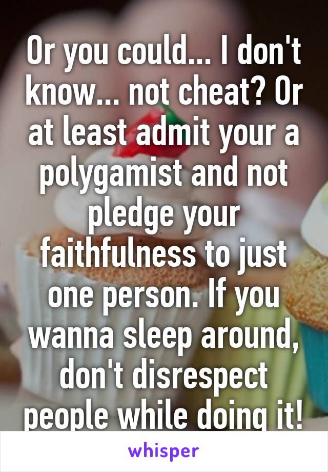 Or you could... I don't know... not cheat? Or at least admit your a polygamist and not pledge your faithfulness to just one person. If you wanna sleep around, don't disrespect people while doing it!