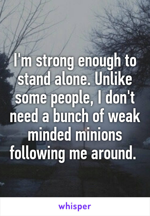 I'm strong enough to stand alone. Unlike some people, I don't need a bunch of weak minded minions following me around. 