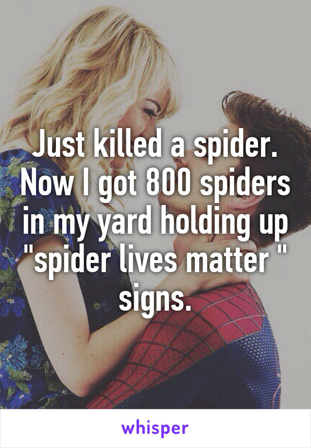 Just killed a spider. Now I got 800 spiders in my yard holding up "spider lives matter " signs.