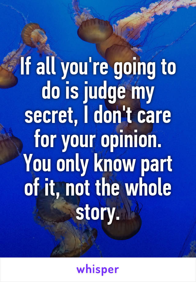 If all you're going to do is judge my secret, I don't care for your opinion.
You only know part of it, not the whole story.