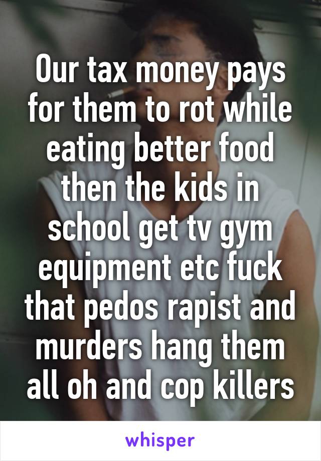 Our tax money pays for them to rot while eating better food then the kids in school get tv gym equipment etc fuck that pedos rapist and murders hang them all oh and cop killers