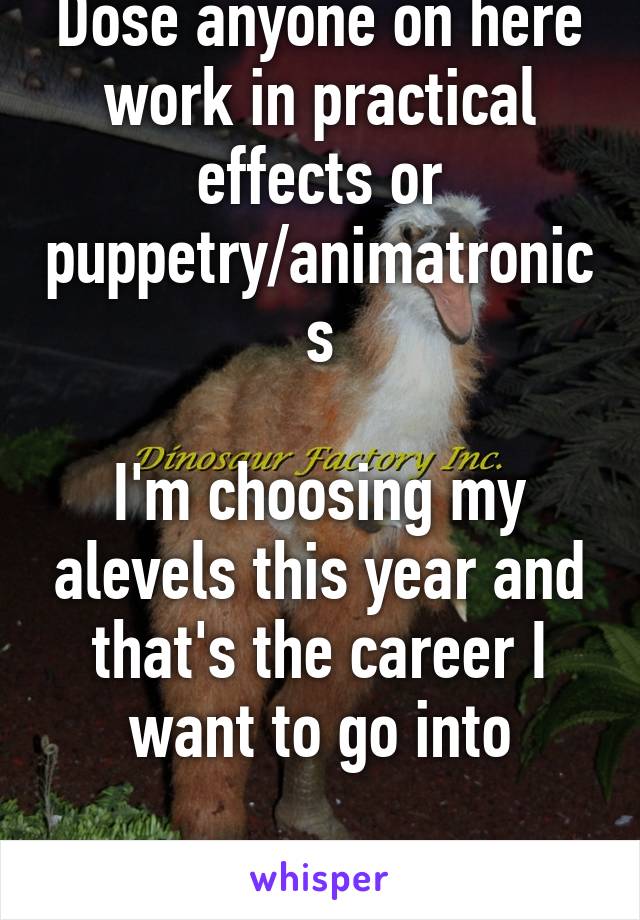 Dose anyone on here work in practical effects or puppetry/animatronics

I'm choosing my alevels this year and that's the career I want to go into

Any advice?