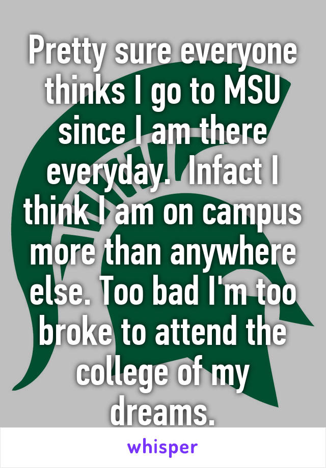 Pretty sure everyone thinks I go to MSU since I am there everyday.  Infact I think I am on campus more than anywhere else. Too bad I'm too broke to attend the college of my dreams.