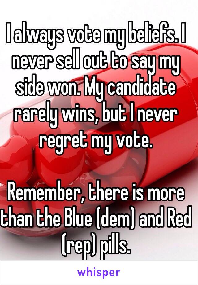 I always vote my beliefs. I never sell out to say my side won. My candidate rarely wins, but I never regret my vote. 

Remember, there is more than the Blue (dem) and Red (rep) pills.