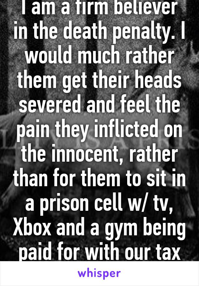 I am a firm believer in the death penalty. I would much rather them get their heads severed and feel the pain they inflicted on the innocent, rather than for them to sit in a prison cell w/ tv, Xbox and a gym being paid for with our tax money 