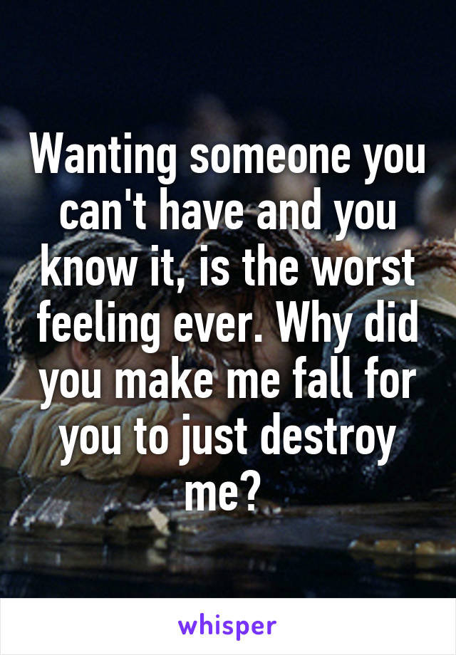 Wanting someone you can't have and you know it, is the worst feeling ever. Why did you make me fall for you to just destroy me? 