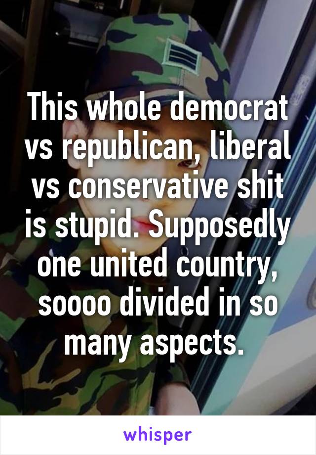 This whole democrat vs republican, liberal vs conservative shit is stupid. Supposedly one united country, soooo divided in so many aspects. 