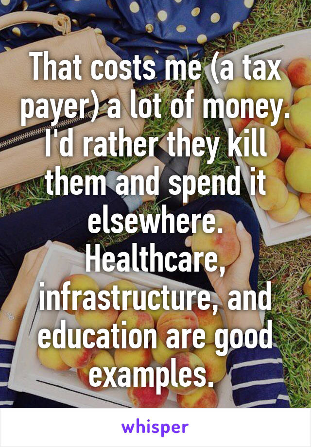 That costs me (a tax payer) a lot of money. I'd rather they kill them and spend it elsewhere. Healthcare, infrastructure, and education are good examples. 