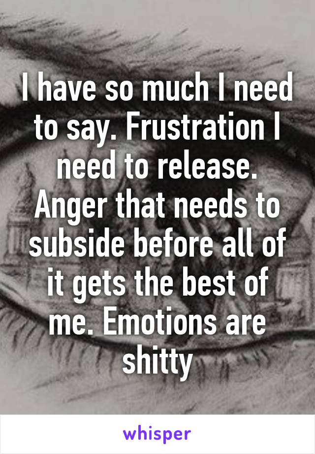 I have so much I need to say. Frustration I need to release. Anger that needs to subside before all of it gets the best of me. Emotions are shitty