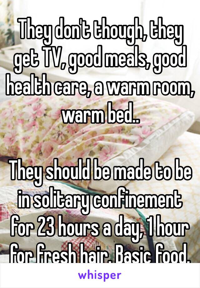 They don't though, they get TV, good meals, good health care, a warm room, warm bed..

They should be made to be in solitary confinement for 23 hours a day, 1 hour for fresh hair. Basic food.