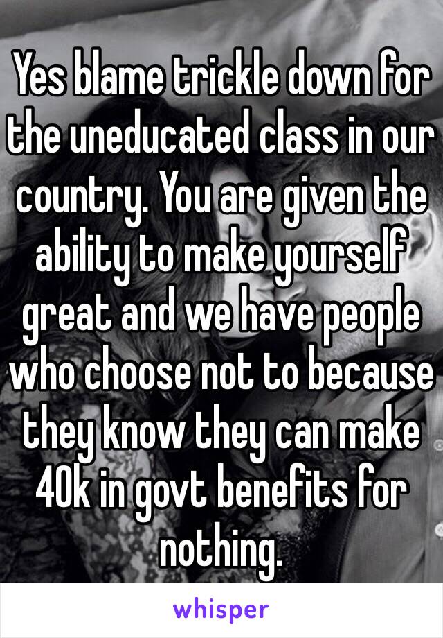 Yes blame trickle down for the uneducated class in our country. You are given the ability to make yourself great and we have people who choose not to because they know they can make 40k in govt benefits for nothing. 