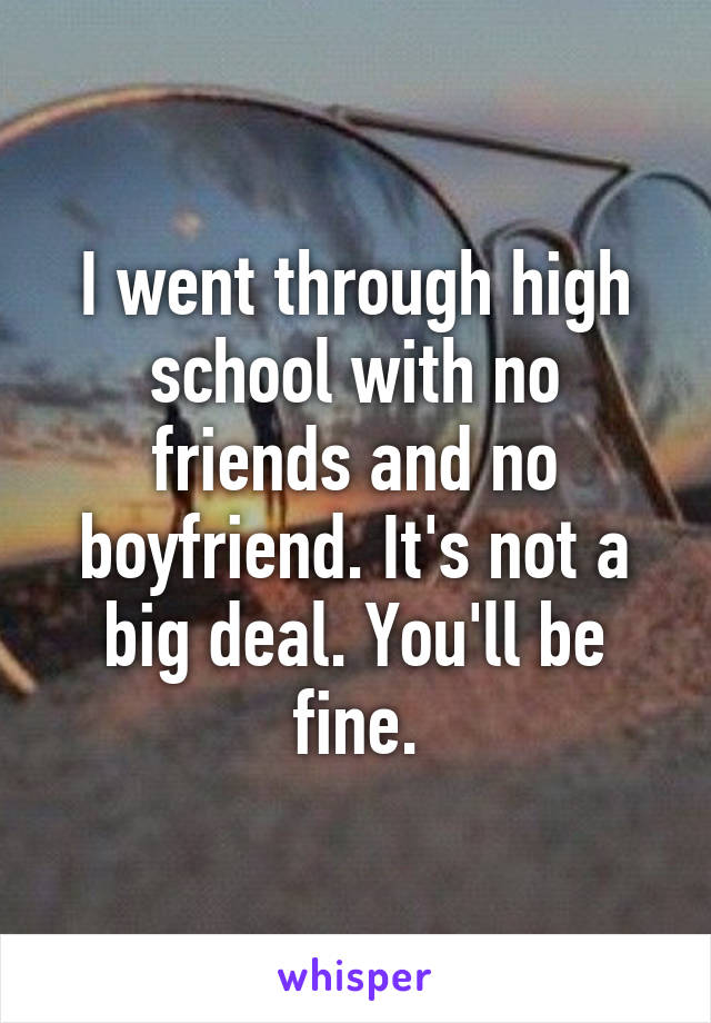 I went through high school with no friends and no boyfriend. It's not a big deal. You'll be fine.