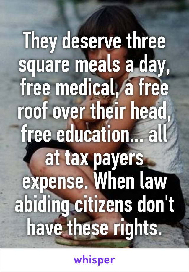 They deserve three square meals a day, free medical, a free roof over their head, free education... all at tax payers expense. When law abiding citizens don't have these rights.