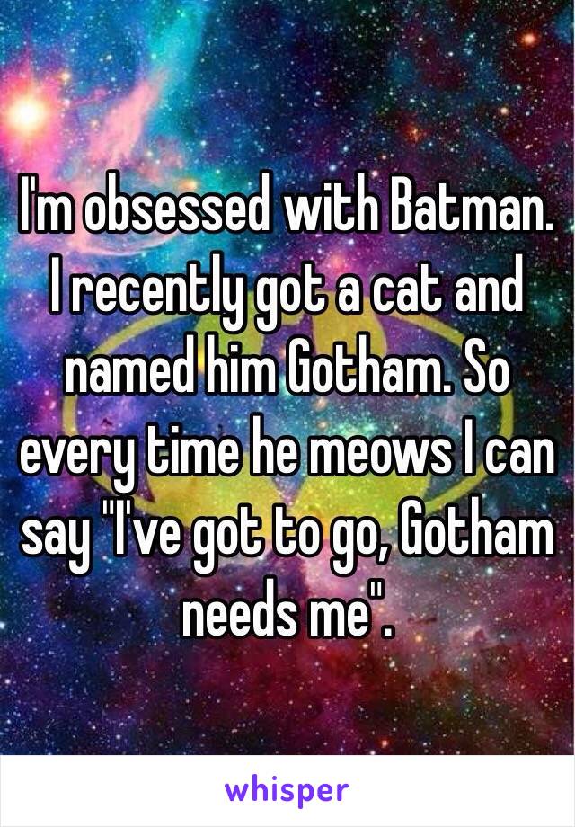 I'm obsessed with Batman. I recently got a cat and named him Gotham. So every time he meows I can say "I've got to go, Gotham needs me". 