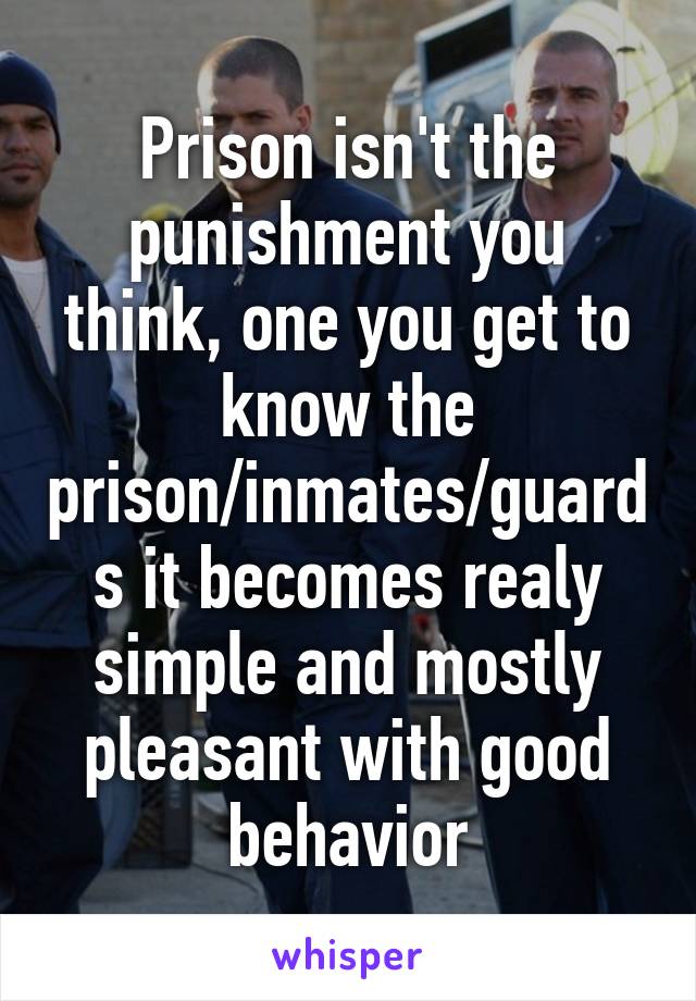 Prison isn't the punishment you think, one you get to know the prison/inmates/guards it becomes realy simple and mostly pleasant with good behavior