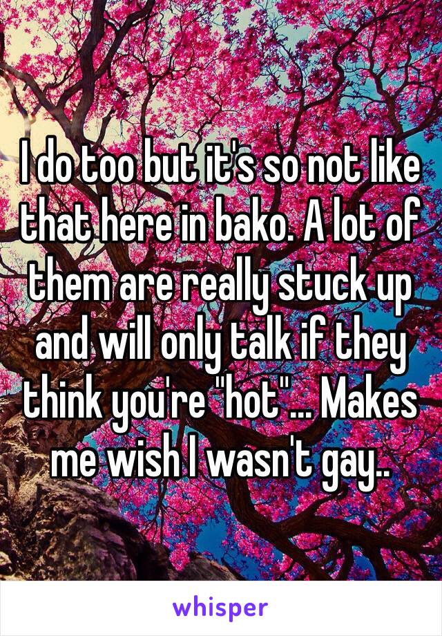 I do too but it's so not like that here in bako. A lot of them are really stuck up and will only talk if they think you're "hot"... Makes me wish I wasn't gay.. 