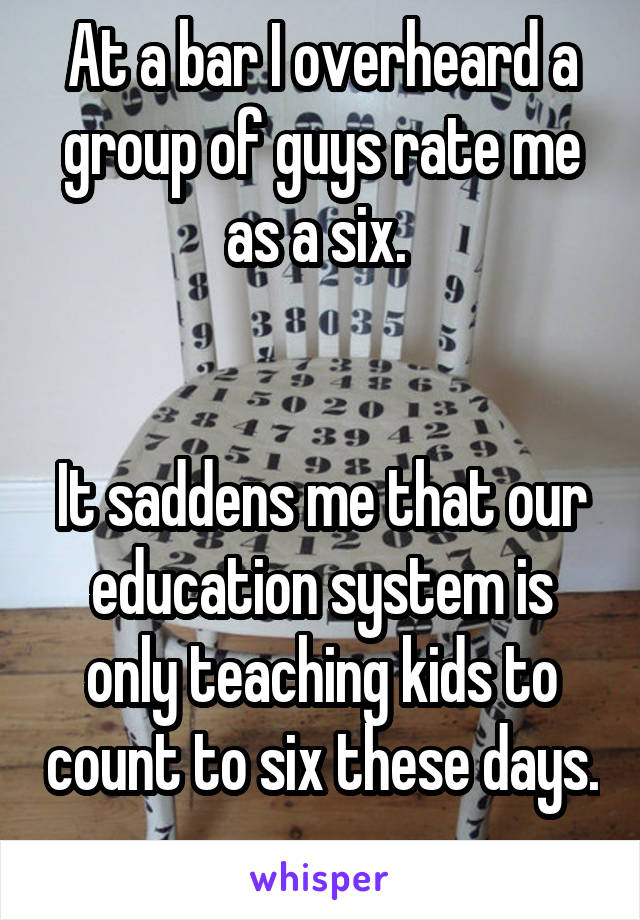 At a bar I overheard a group of guys rate me as a six. 


It saddens me that our education system is only teaching kids to count to six these days. 