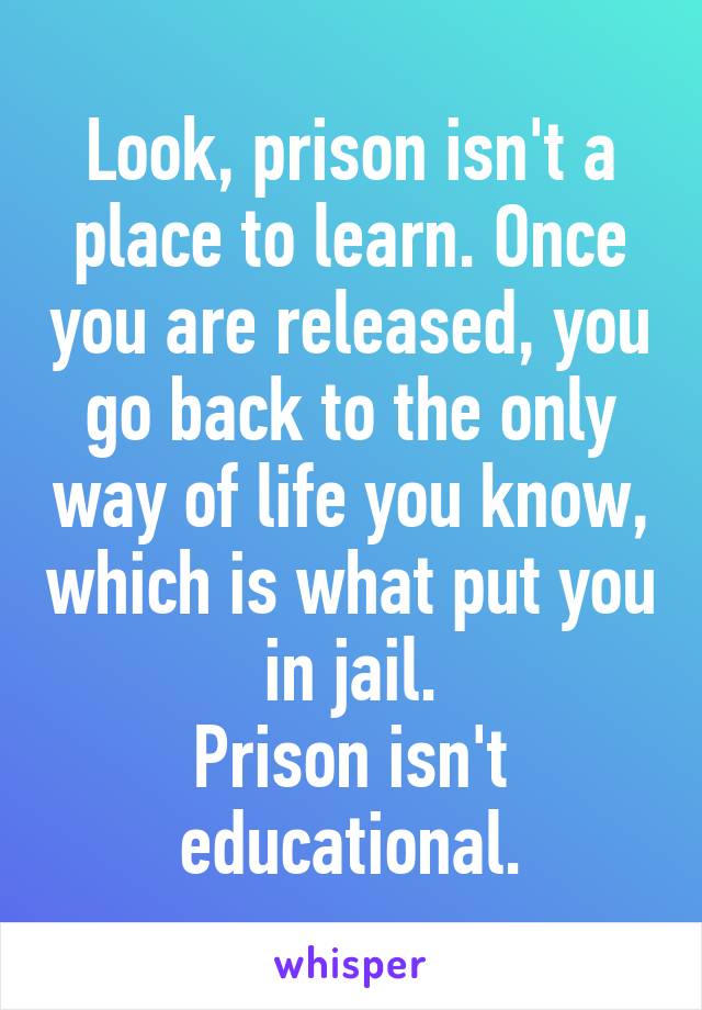 Look, prison isn't a place to learn. Once you are released, you go back to the only way of life you know, which is what put you in jail.
Prison isn't educational.