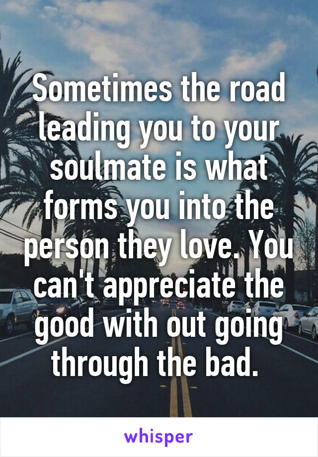 Sometimes the road leading you to your soulmate is what forms you into the person they love. You can't appreciate the good with out going through the bad. 